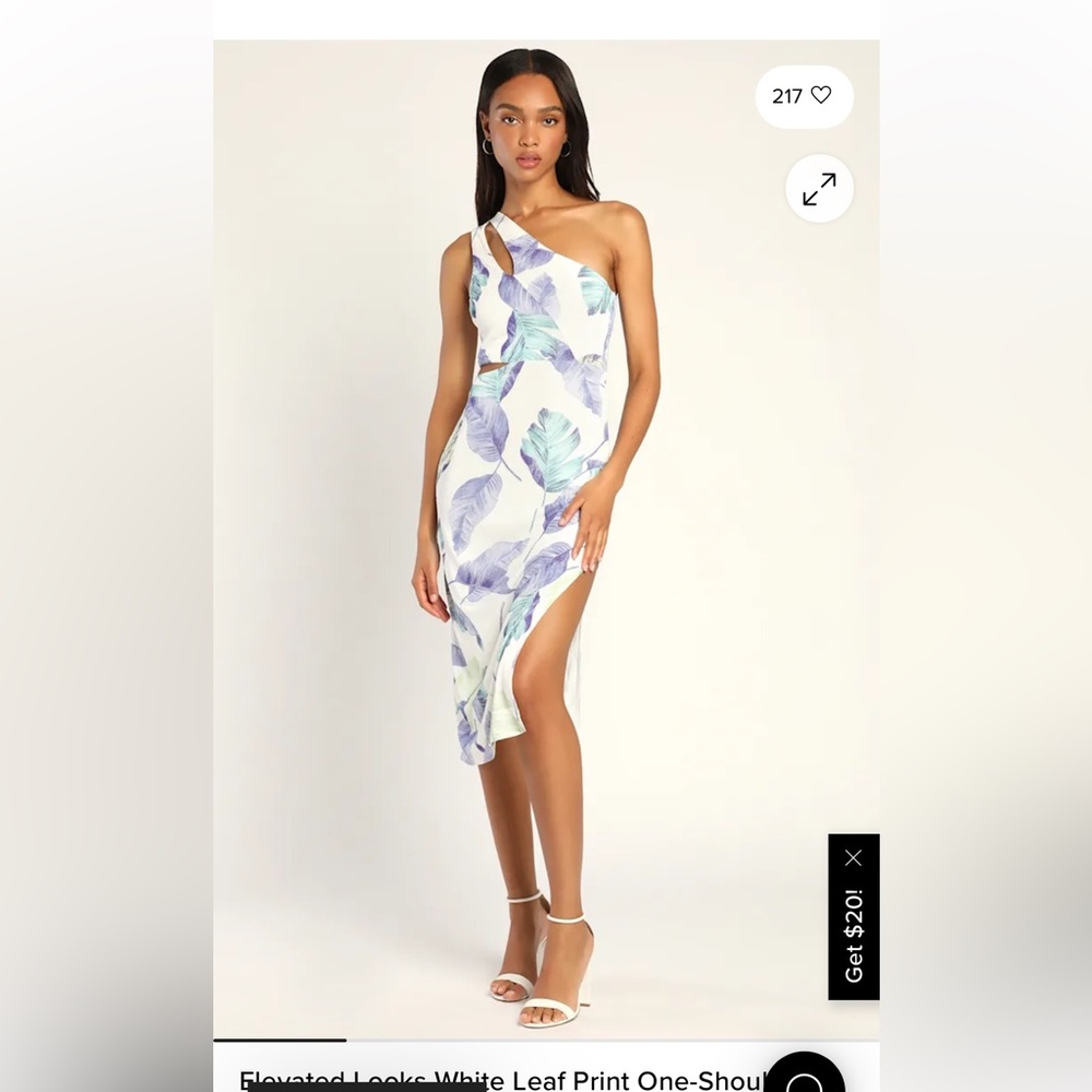 LULUS XS Elevated Looks White Leaf Print One-Shoulder Cutout Midi Dress NWT